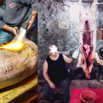 Matança do porco, Madeira, pig hanging with two people looking proud